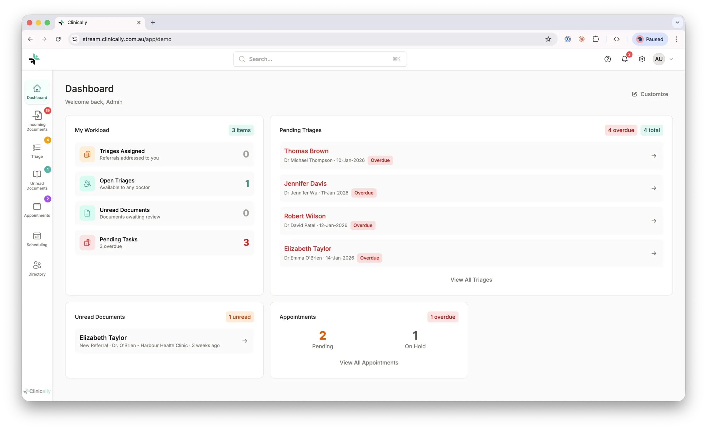 Clinically dashboard showing referral overview and quick actions