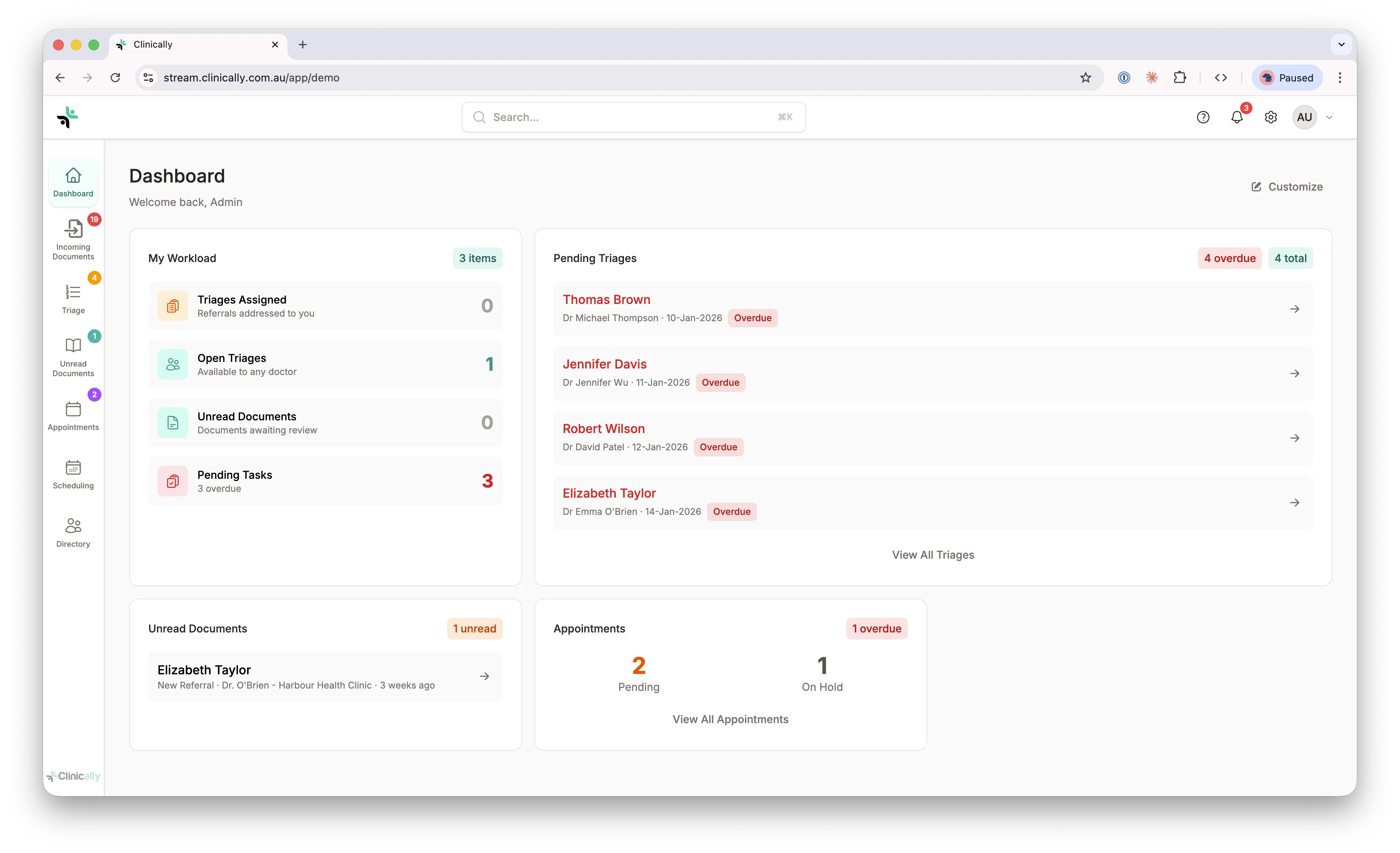 Clinically dashboard showing referral overview and quick actions