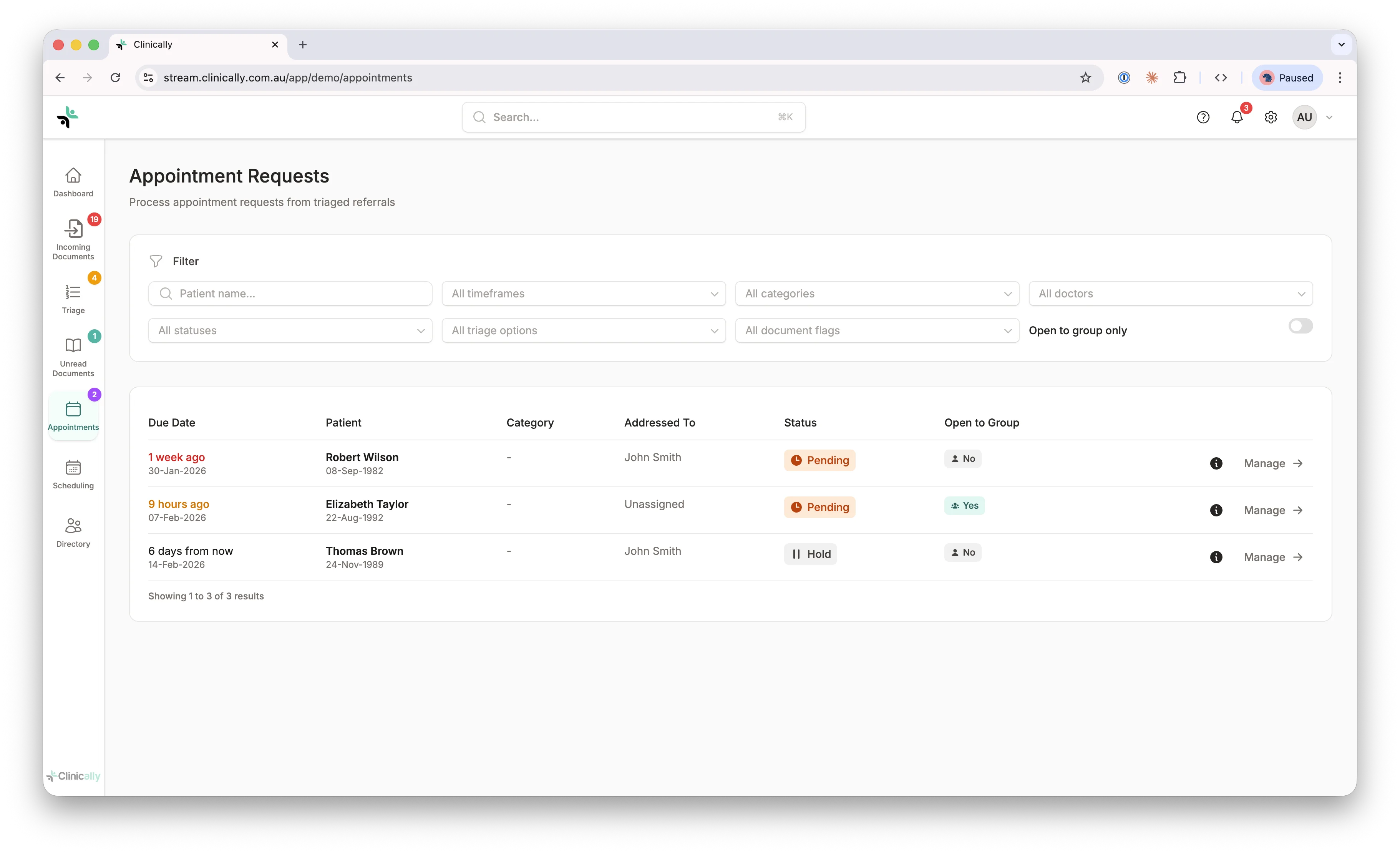 Clinically appointments list showing scheduled appointments with due dates and status
