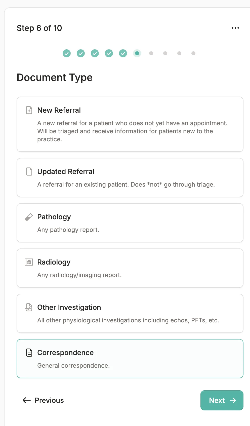 Document classification and routing interface showing different document types