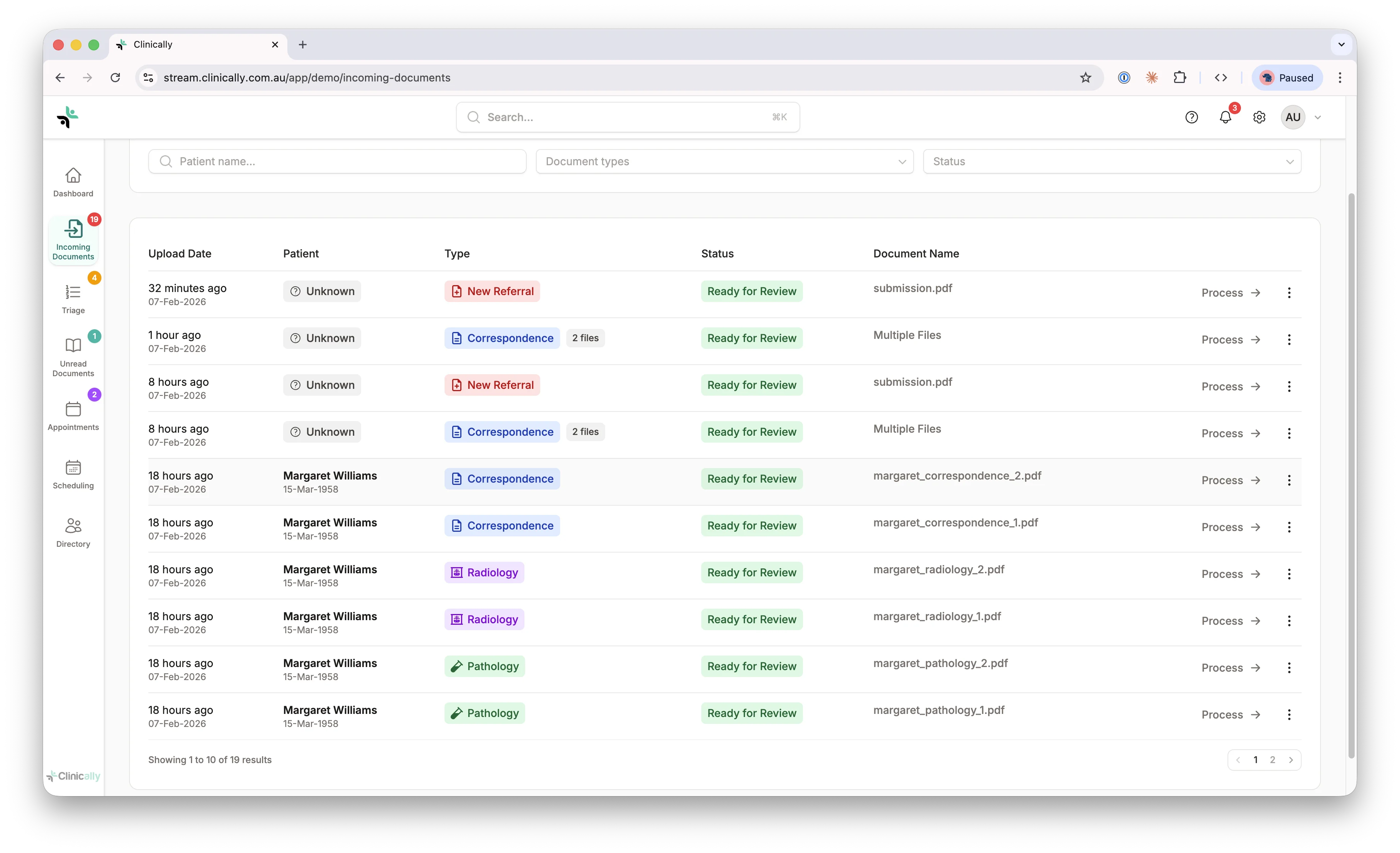 Clinically multi-channel document intake showing incoming referrals and documents