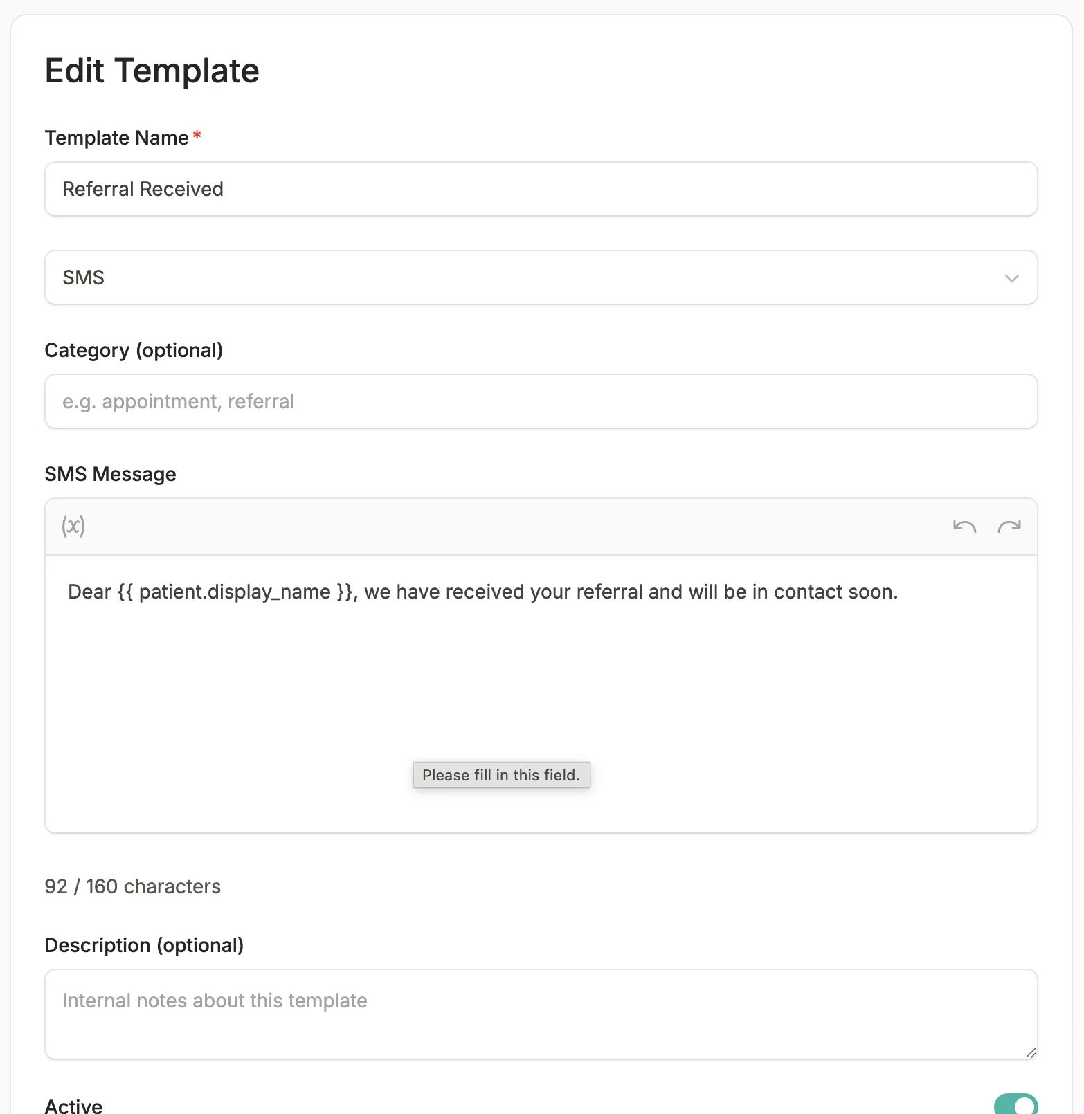SMS notification template editor for automated patient communications