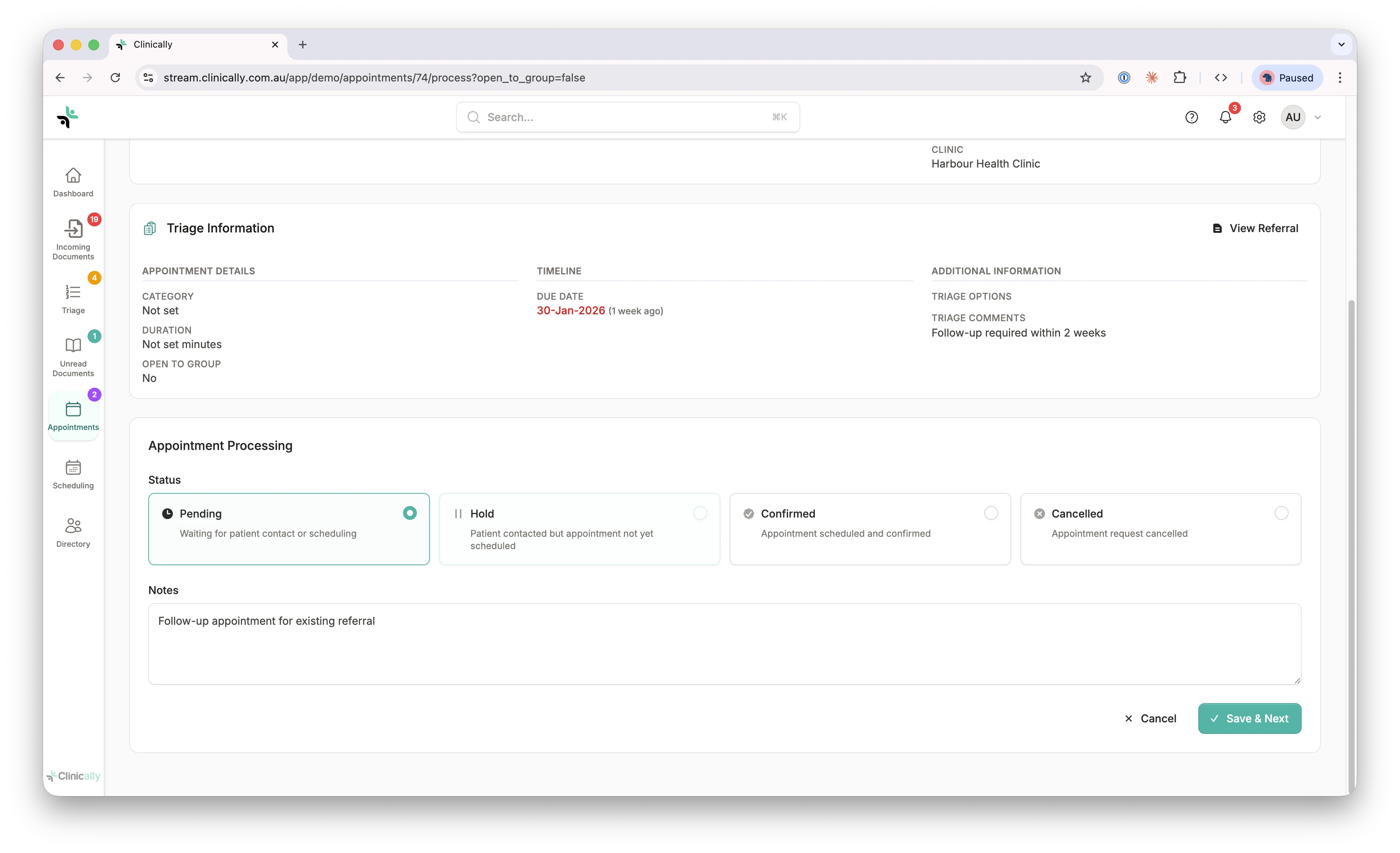 Clinician triage interface showing referral details and triage options