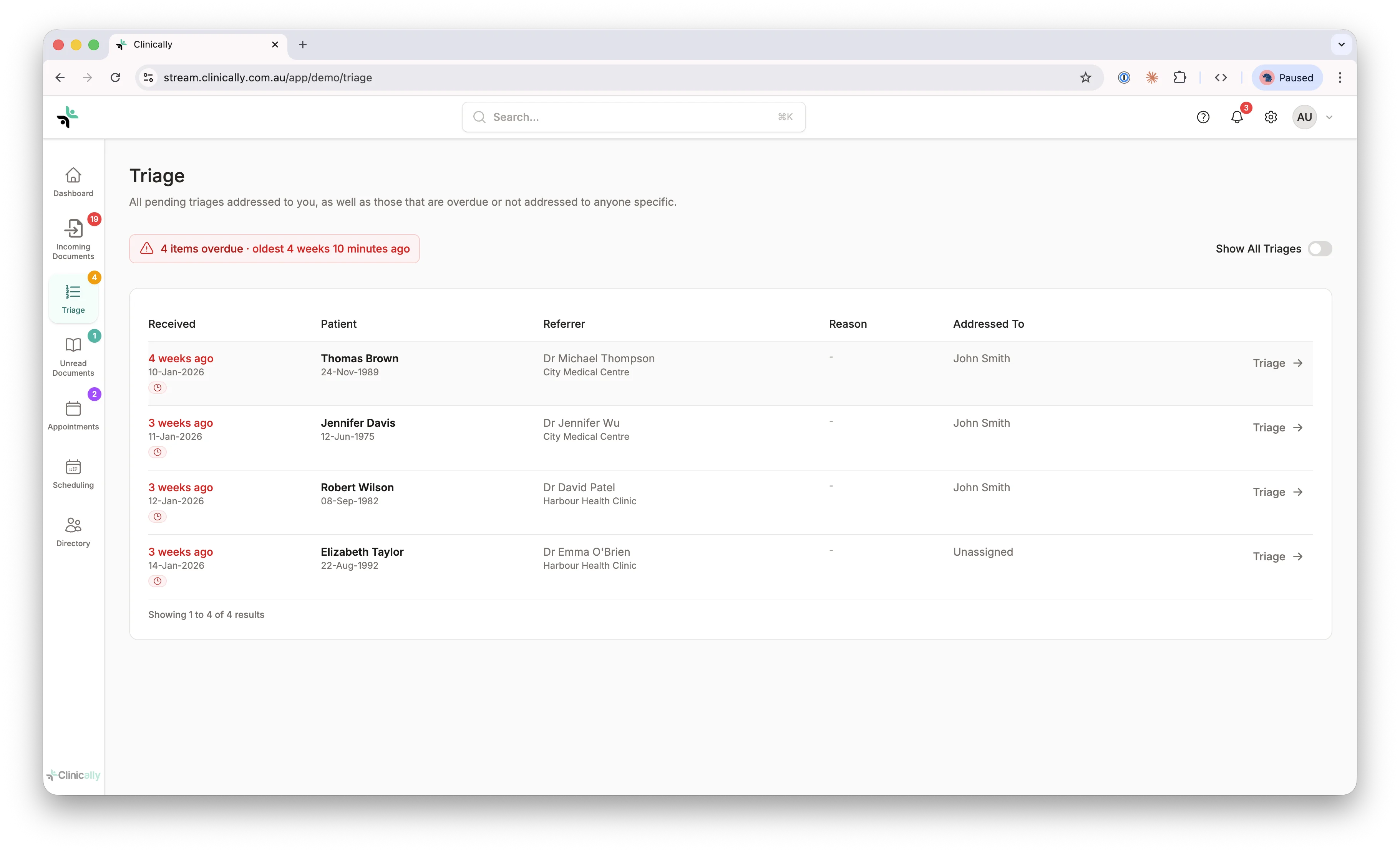 Clinically triage list showing pending referrals with patient details and due dates